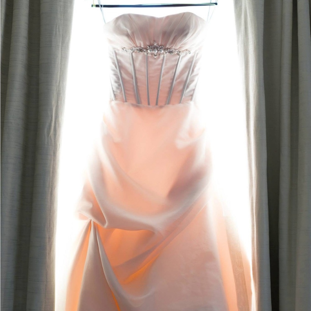 Strapless Blush Satin Ball Gown with Rhinestone Waist